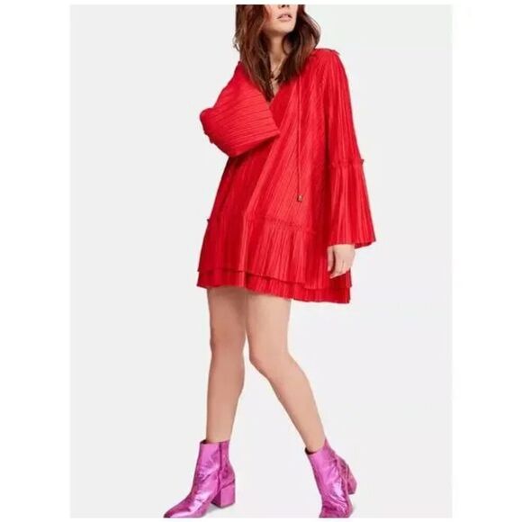 Free People Dresses & Skirts - Free People Can't Help It Pleated Mini Dress in Red Size Medium *would fit a lar